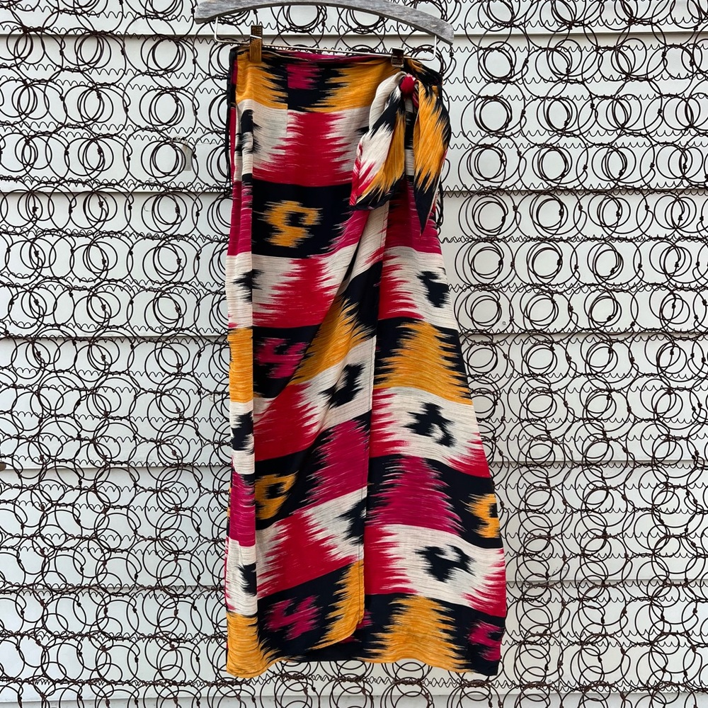Vintage 90s Jones New York Southwestern Aztec Sunset Silk Faux Wrap Maxi Skirt 6